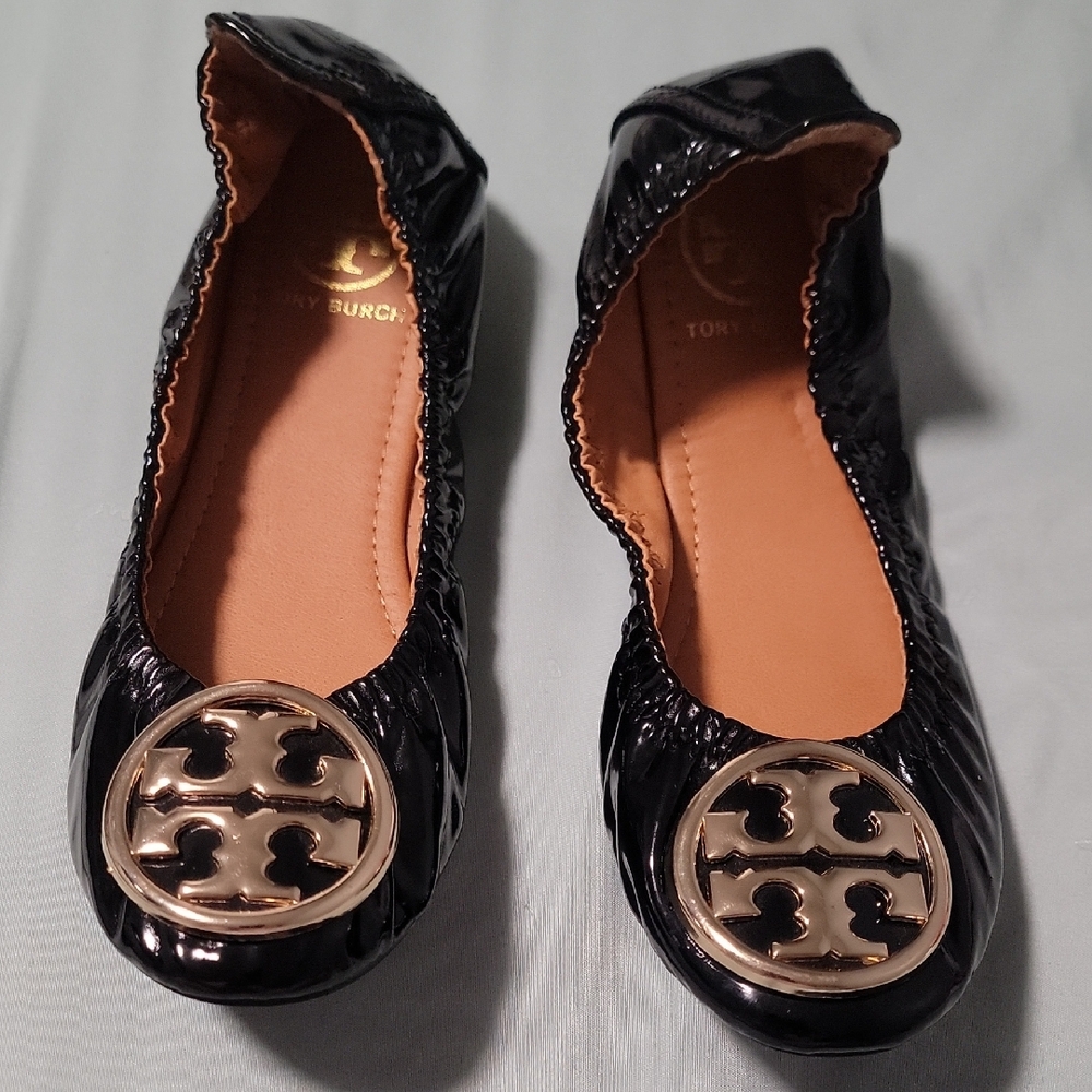 Tory Burch Black Patent Logo Cap-Toe Ballet Flats